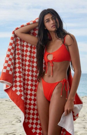 Bañadores PacSun Eco Red Brit Acanalado Tie Side Bikini Mujer Rojas | XKRAL7109