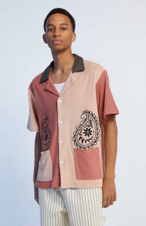 Camisas PacSun Block Embroidery Terry Camp Hombre Rojas | OMNPH7348