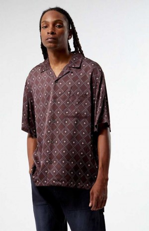 Camisas PacSun Brown Satin Oversized Camp Hombre Marrones | KNQOT1069