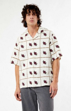 Camisas PacSun Floral Embroidered Oversized Camp Hombre Creme | HMVYK5189