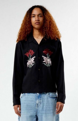 Camisas PacSun Silver Lake Embroidered Long Sleeve Camp Hombre Negras | DBIXO2437