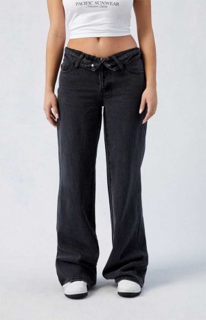 Pantalones PacSun Black Fold-Over Casey Low Rise gy Mujer Indigo | AXMWR4701