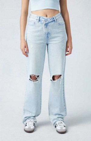 Pantalones PacSun Eco Light Indigo Ripped Asymmetrical Waistband '90s Boyfriend Mujer Indigo | GWYVF9523