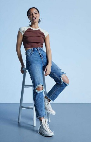 Pantalones PacSun Eco Medium Blue Distressed High Waisted Directo Leg Mujer Indigo | CPFGO5129