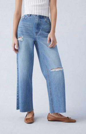 Pantalones PacSun Eco Medium Indigo Ripped Cropped Anchos Leg Mujer Indigo | NAHCQ7480