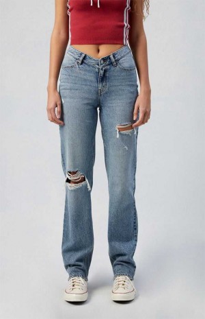 Pantalones PacSun Eco Medium Indigo Ripped V Dip '90s Boyfriend Mujer Indigo | QHJIM9142