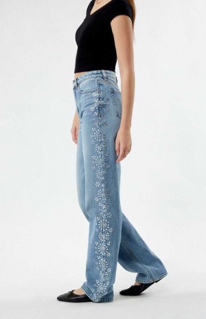 Pantalones PacSun Medium Indigo Floral Rhinestone '90s Boyfriend Mujer Indigo | YXJHM9028