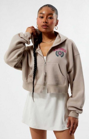 Sudadera con Capucha PacSun LA Crest Cropped Double Zip Mujer Gris Marrones | QWXMR8271