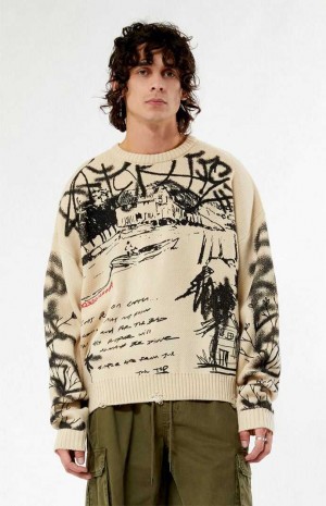 Suéteres PacSun Scrap The City Cropped Hombre Creme | BIFDK0978