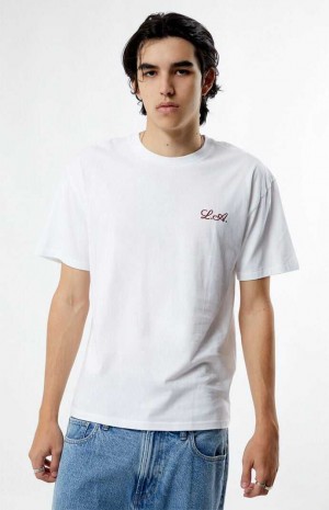 T-shirt PacSun PS Basics White Cursive LA Embroidered Hombre Blancas | FPSTB4806