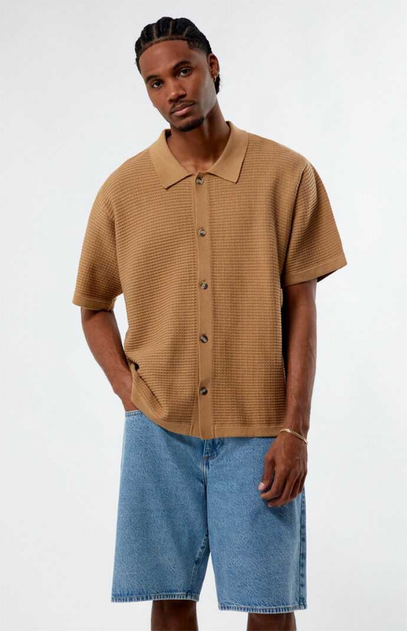 Camisas PacSun Acanalado Knit Woven Hombre Marrones | NDZHY3856