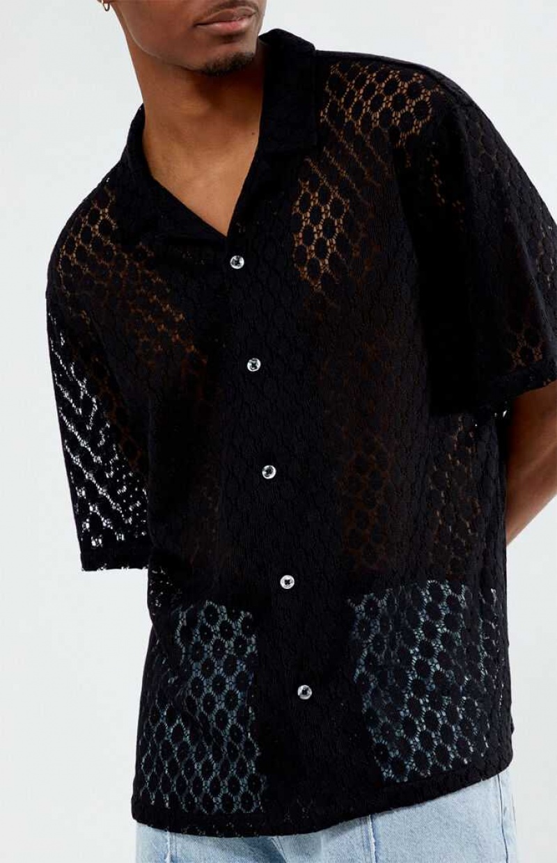 Camisas PacSun Black Encaje Oversized Camp Hombre Negras | ENQZL5406