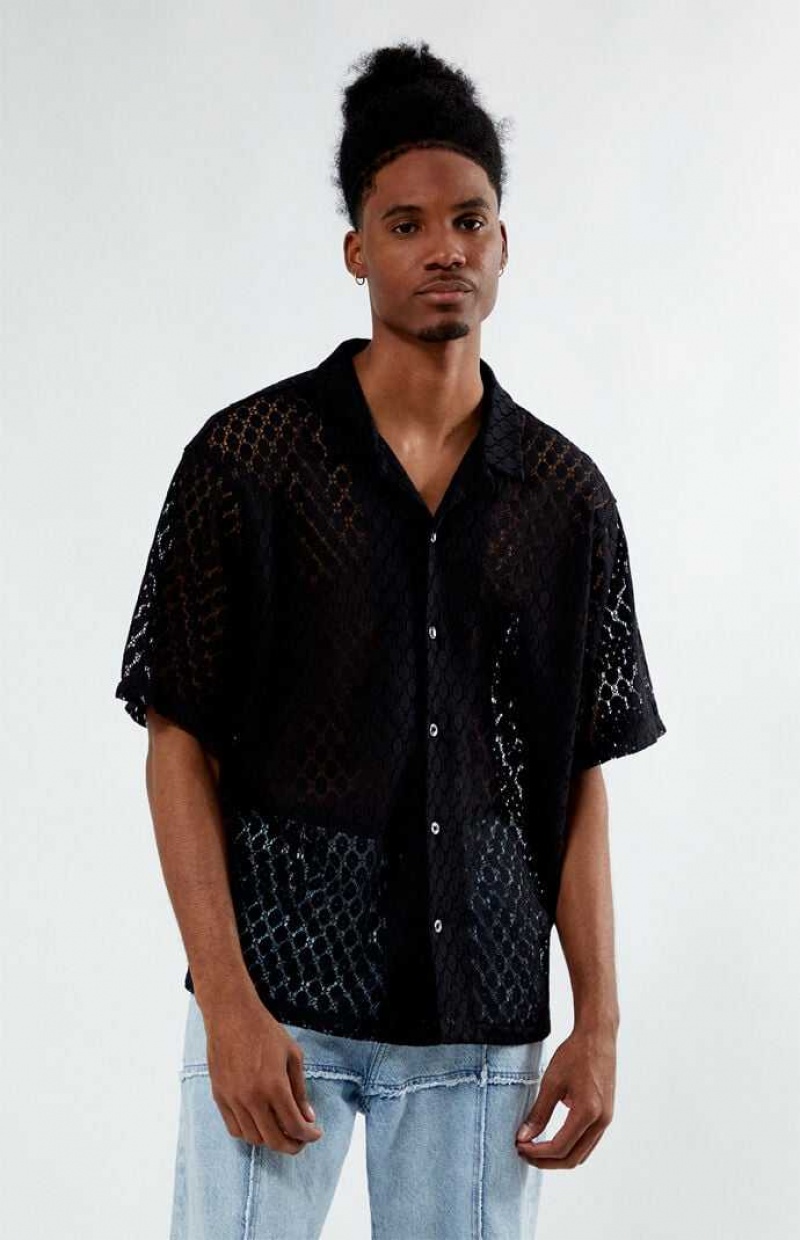 Camisas PacSun Black Encaje Oversized Camp Hombre Negras | ENQZL5406