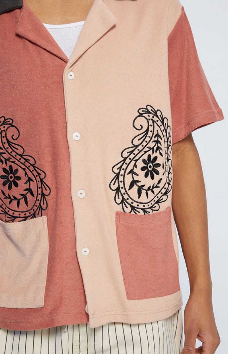 Camisas PacSun Block Embroidery Terry Camp Hombre Rojas | OMNPH7348