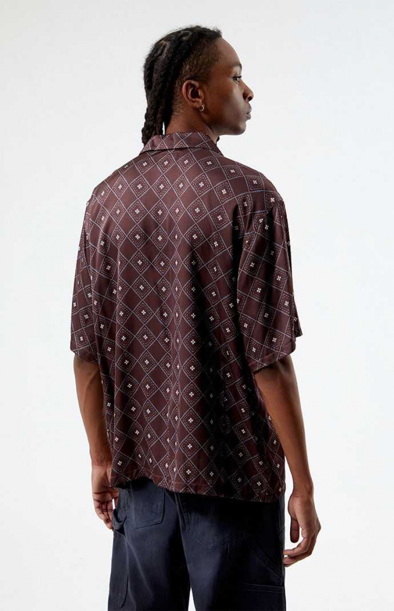 Camisas PacSun Brown Satin Oversized Camp Hombre Marrones | KNQOT1069