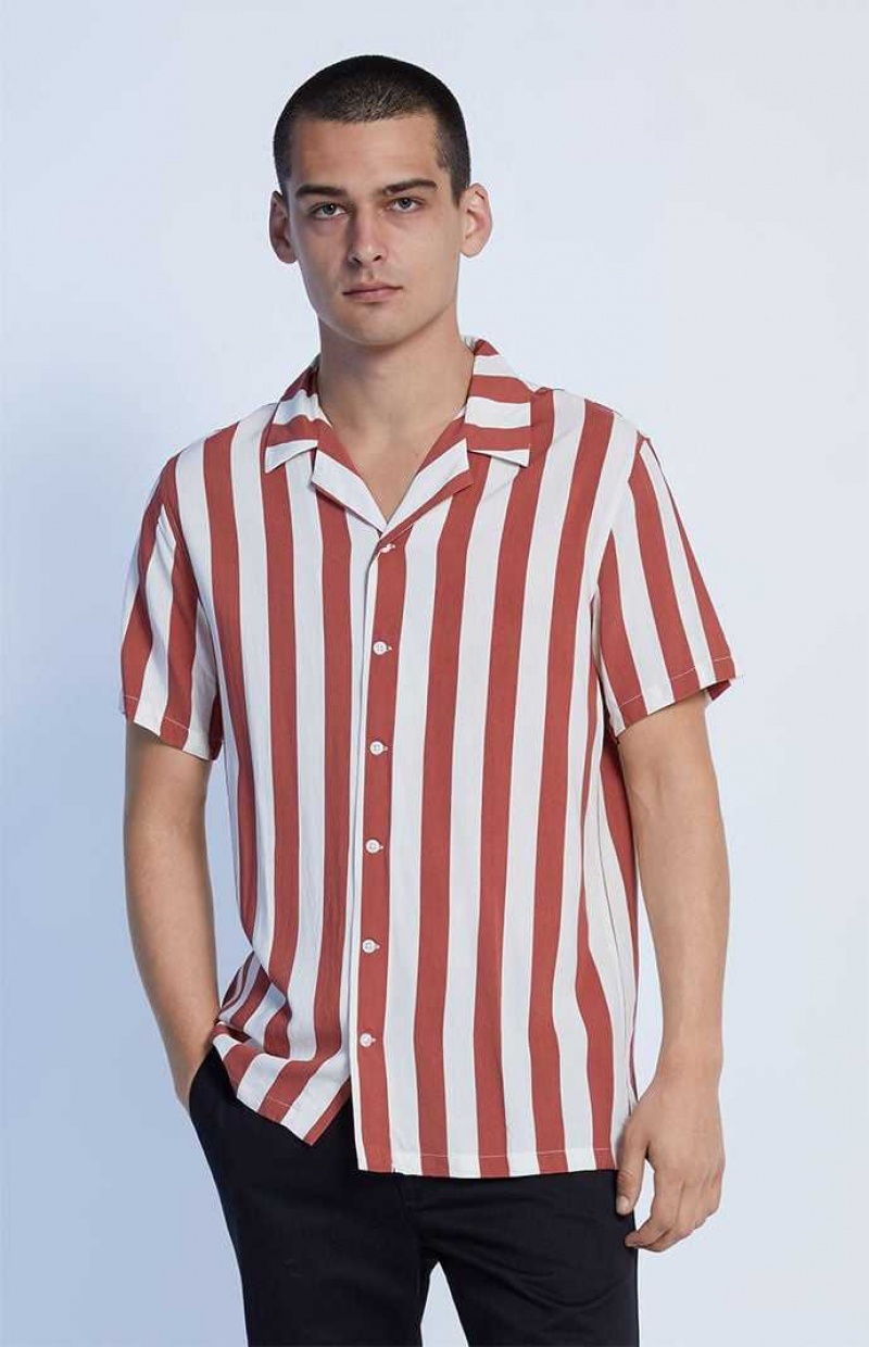 Camisas PacSun Burnt Red Stripe Camp Hombre Creme Rojas | LTHMQ6308