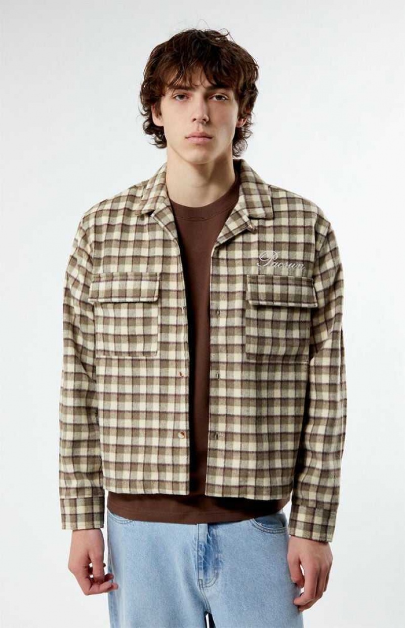 Camisas PacSun Cropped Plaid Flannel Shacket Hombre Marrones | ZOENB0926