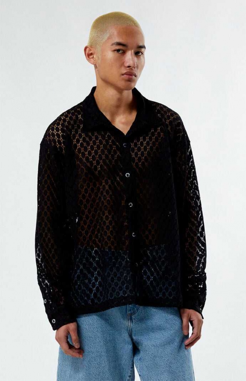 Camisas PacSun Encaje Long Sleeve Hombre Negras | ERZTS1654