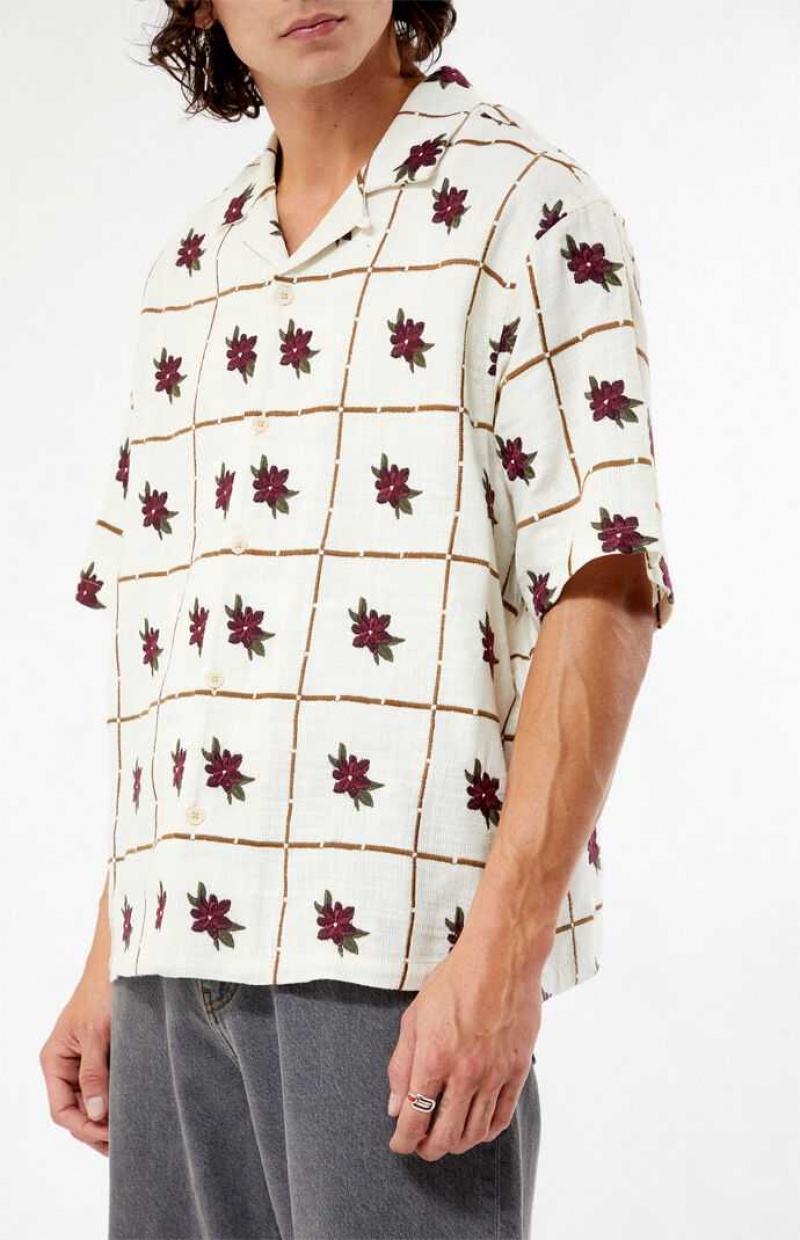 Camisas PacSun Floral Embroidered Oversized Camp Hombre Creme | HMVYK5189