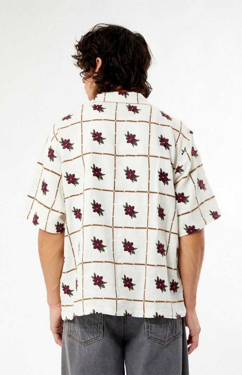 Camisas PacSun Floral Embroidered Oversized Camp Hombre Creme | HMVYK5189