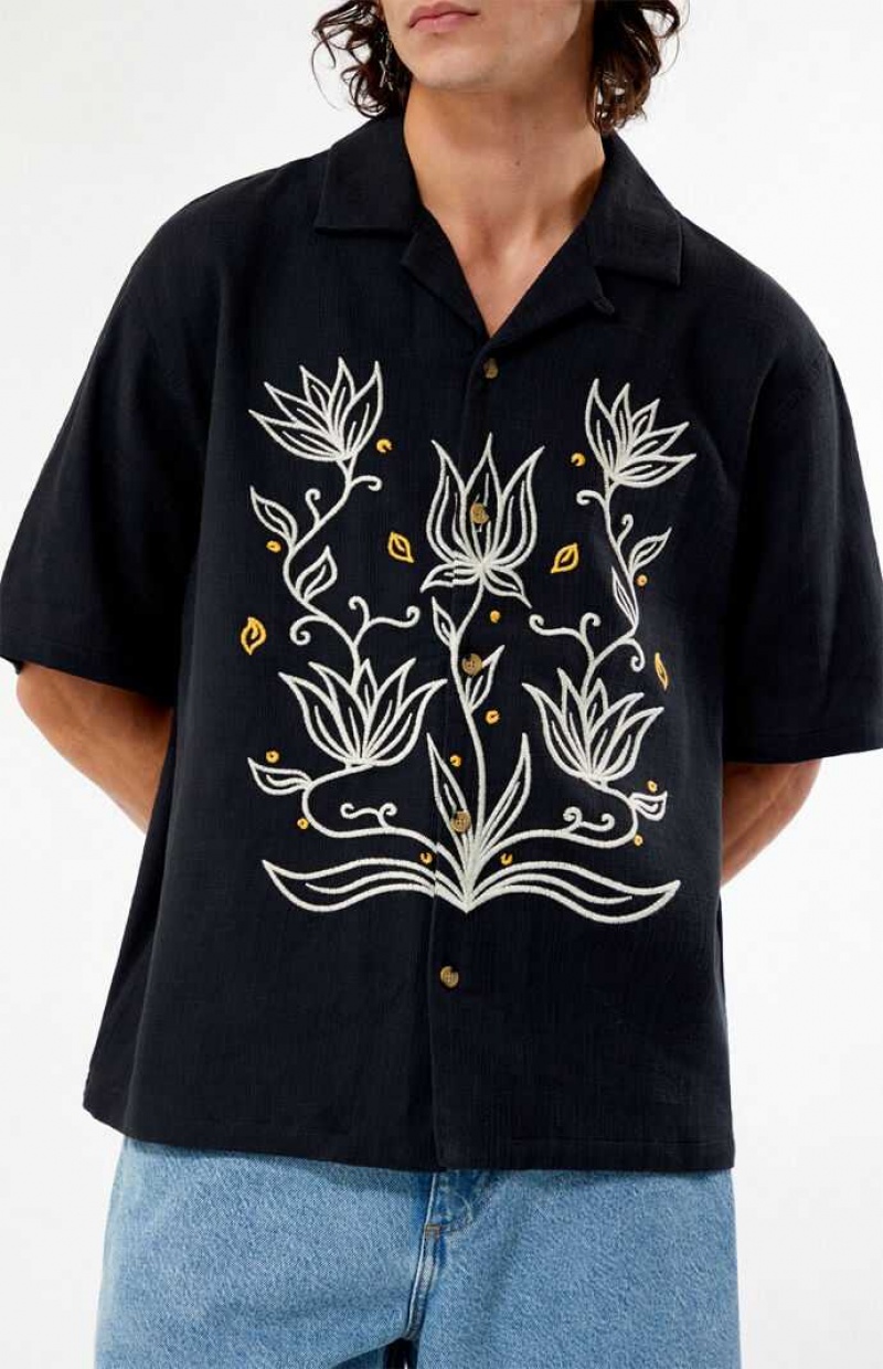 Camisas PacSun Provincial Oversized Embroidered Camp Hombre Negras | UAXBT8291