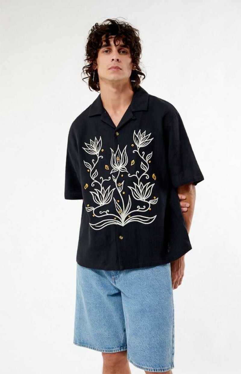 Camisas PacSun Provincial Oversized Embroidered Camp Hombre Negras | UAXBT8291