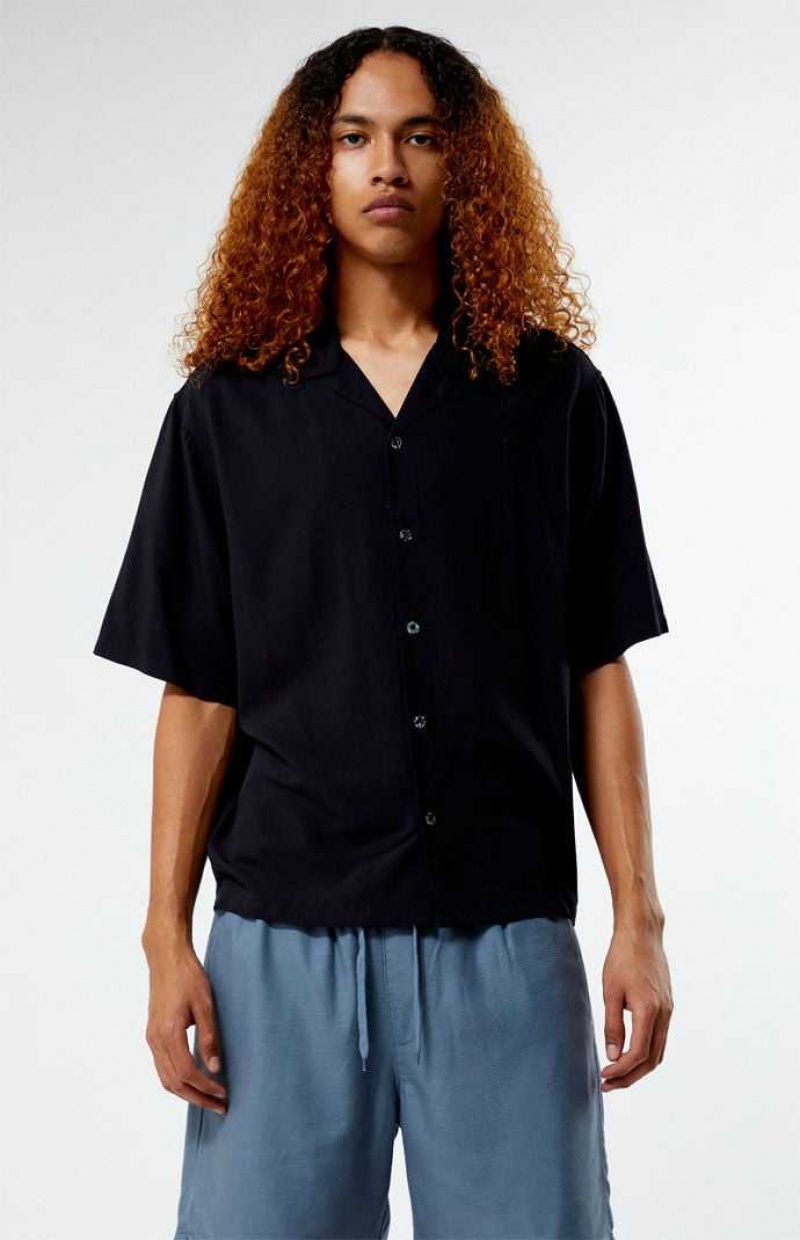 Camisas PacSun Recycled Solid Black Oversized Camp Hombre Negras | MEGTV7691