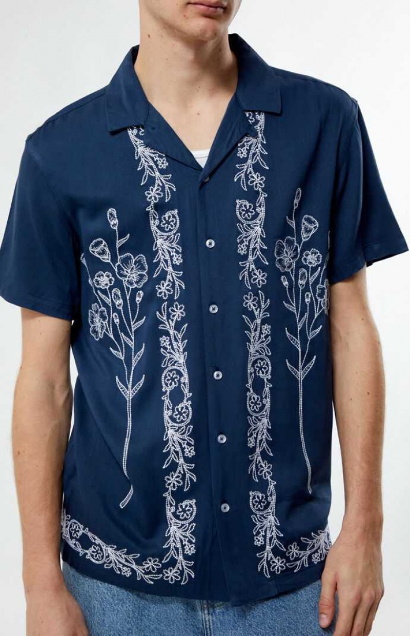 Camisas PacSun Stitch Pattern Woven Camp Hombre Azules | UNZVC0891