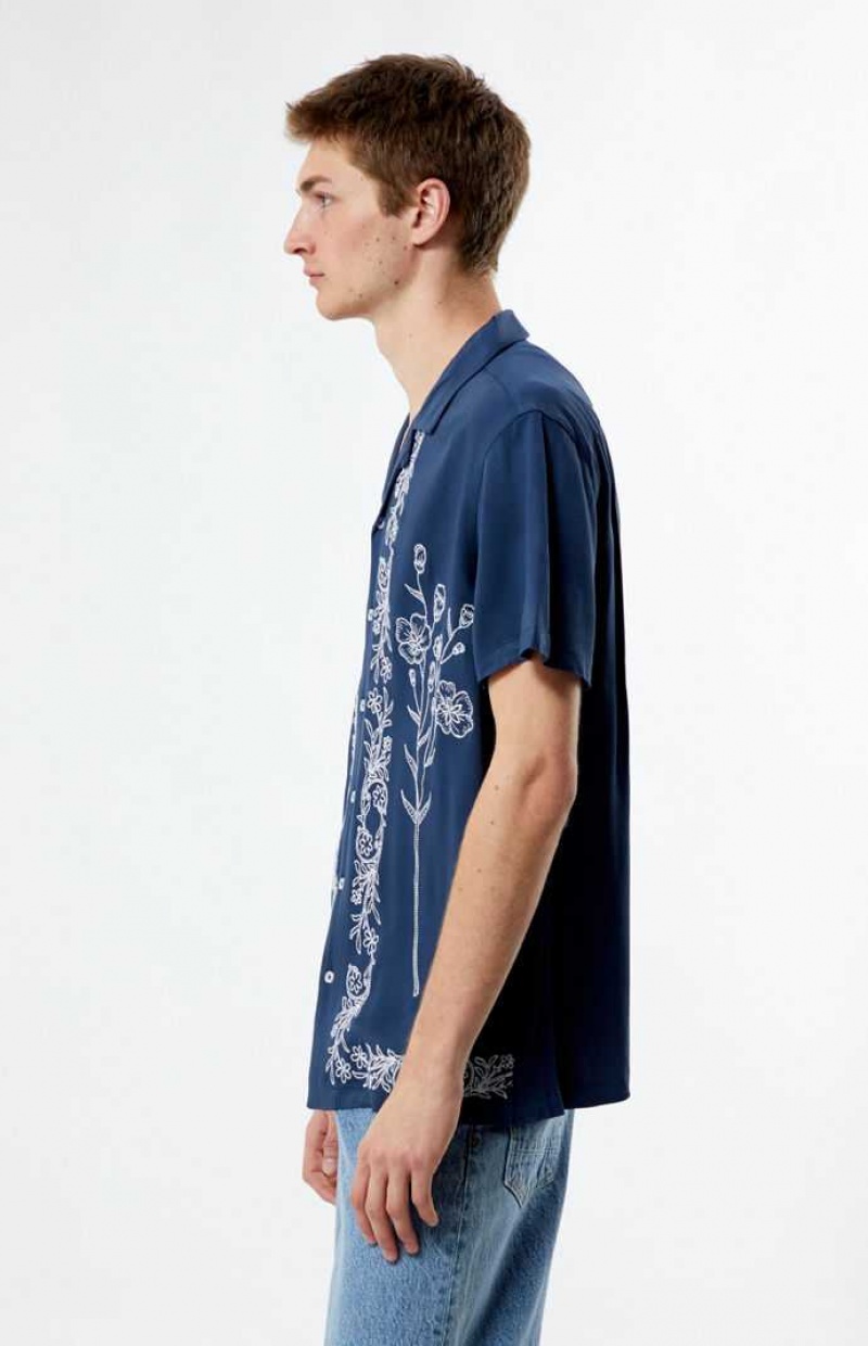 Camisas PacSun Stitch Pattern Woven Camp Hombre Azules | UNZVC0891