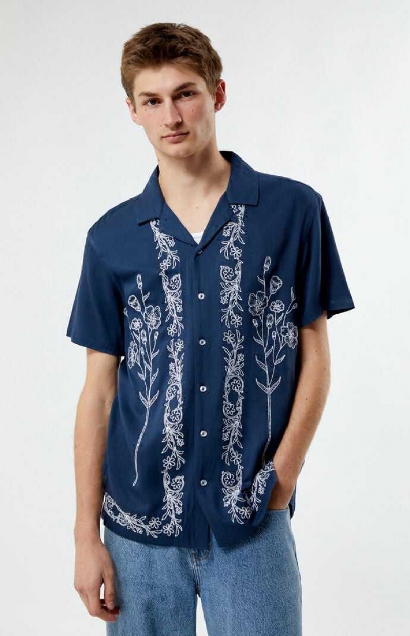 Camisas PacSun Stitch Pattern Woven Camp Hombre Azules | UNZVC0891