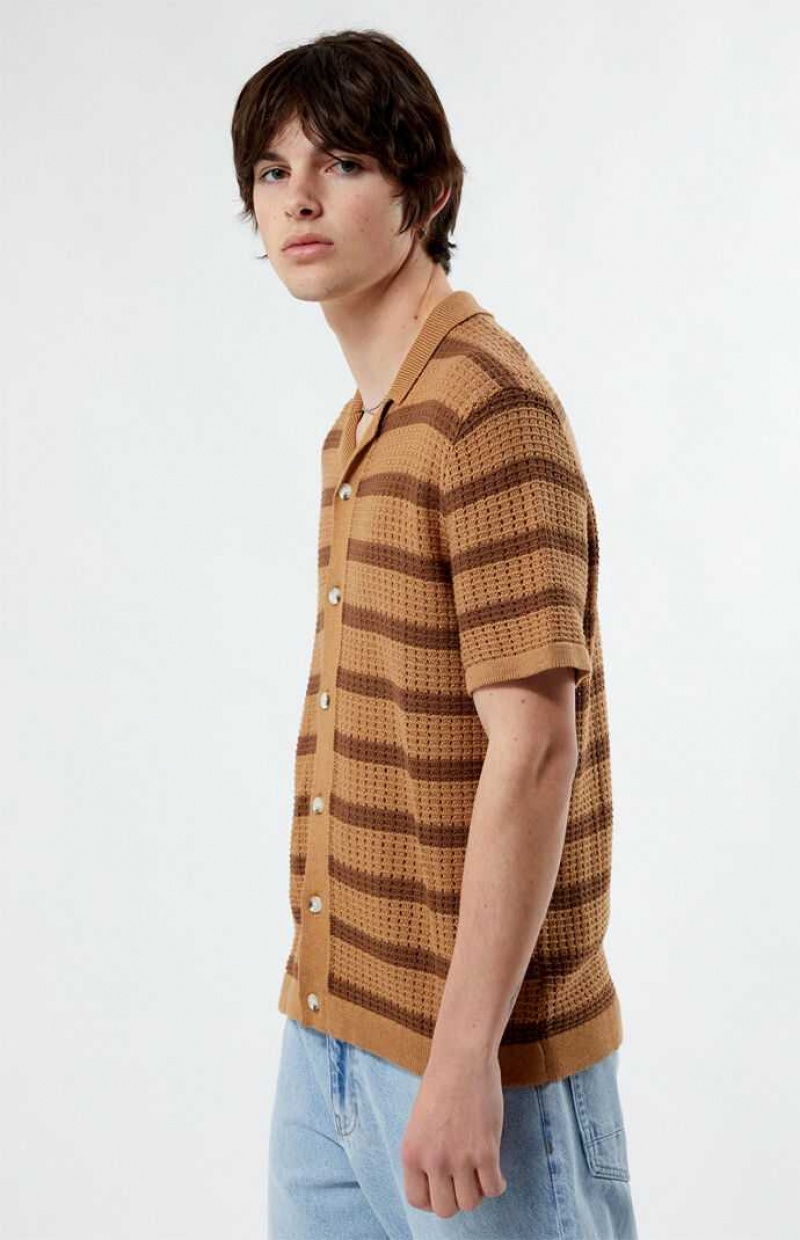 Camisas PacSun Stripe Open Knit Camp Hombre Marrones Marrones | OTXCD0481