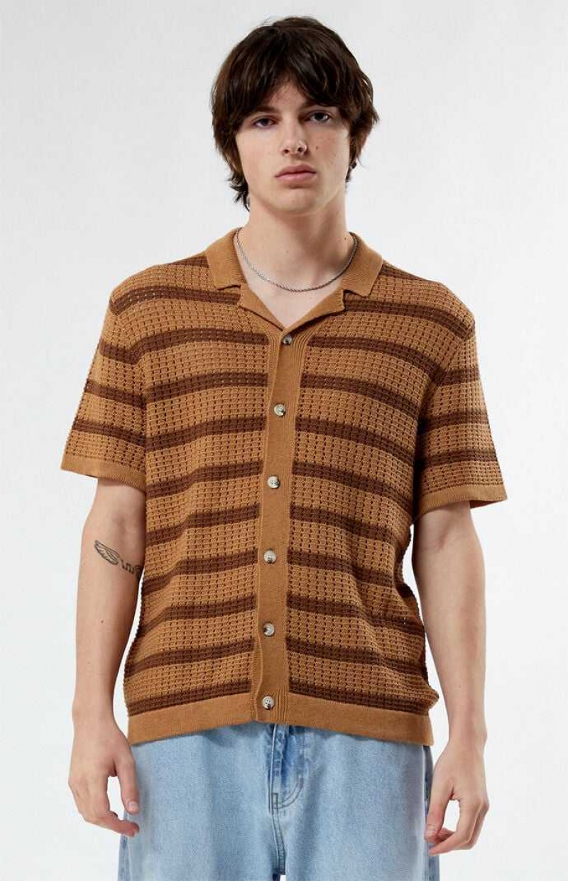 Camisas PacSun Stripe Open Knit Camp Hombre Marrones Marrones | OTXCD0481