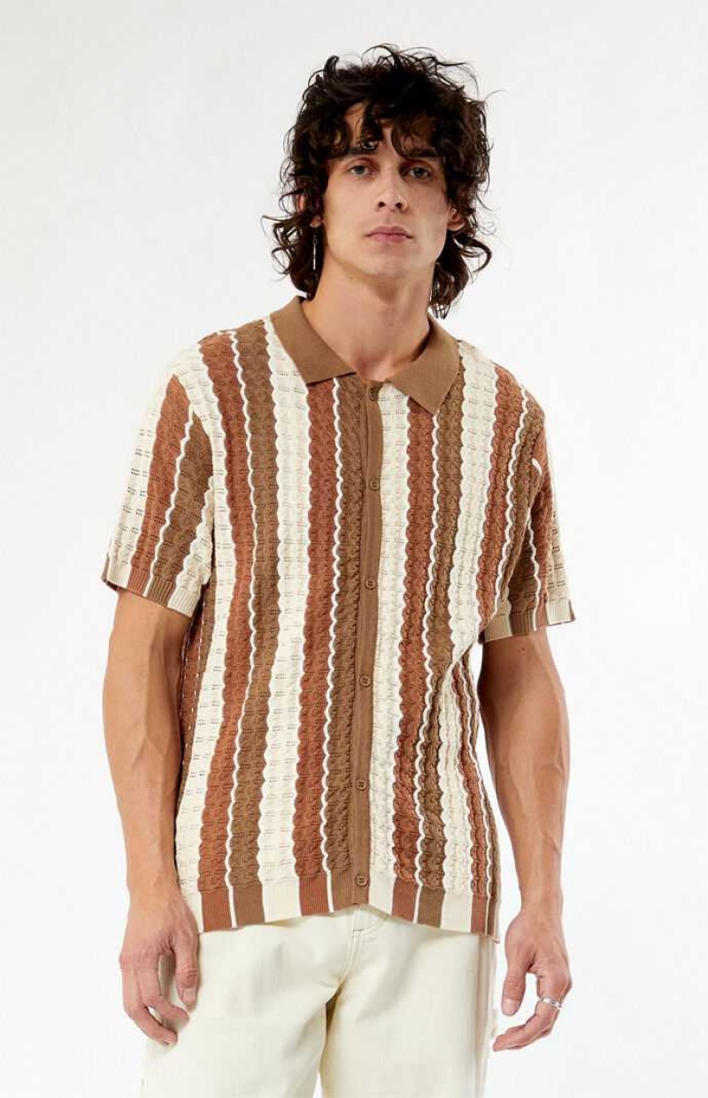 Camisas PacSun Tan Button Down Knit Polo Hombre Marrones | QKZXN0983