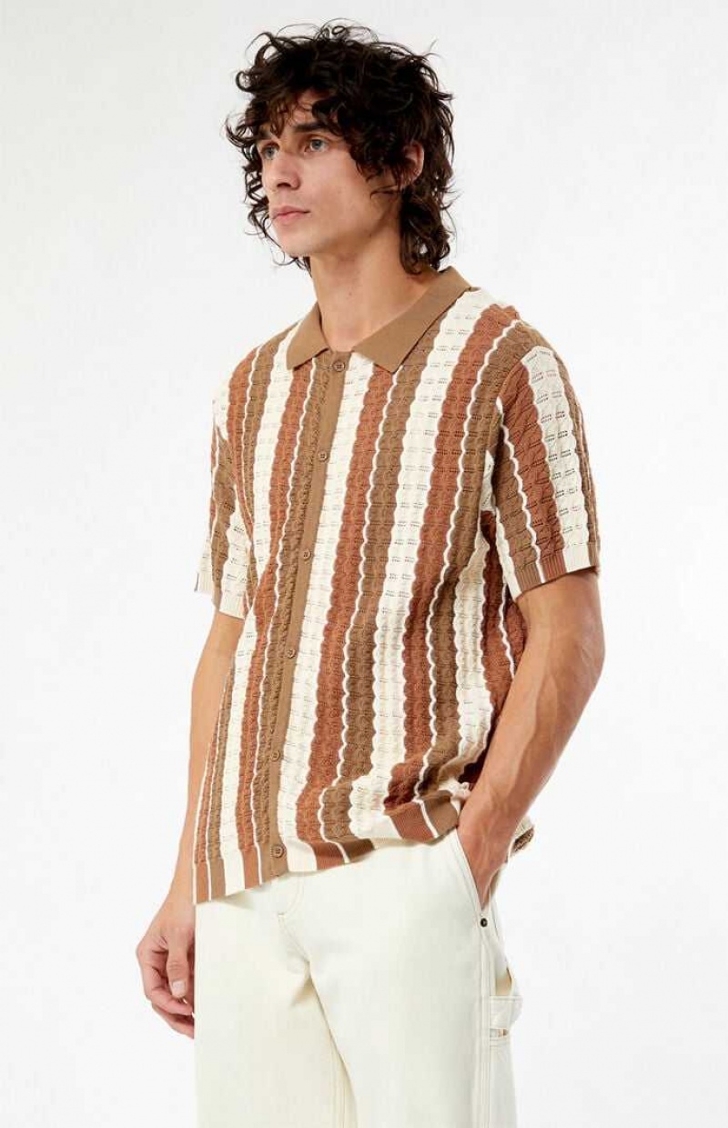 Camisas PacSun Tan Button Down Knit Polo Hombre Marrones | QKZXN0983