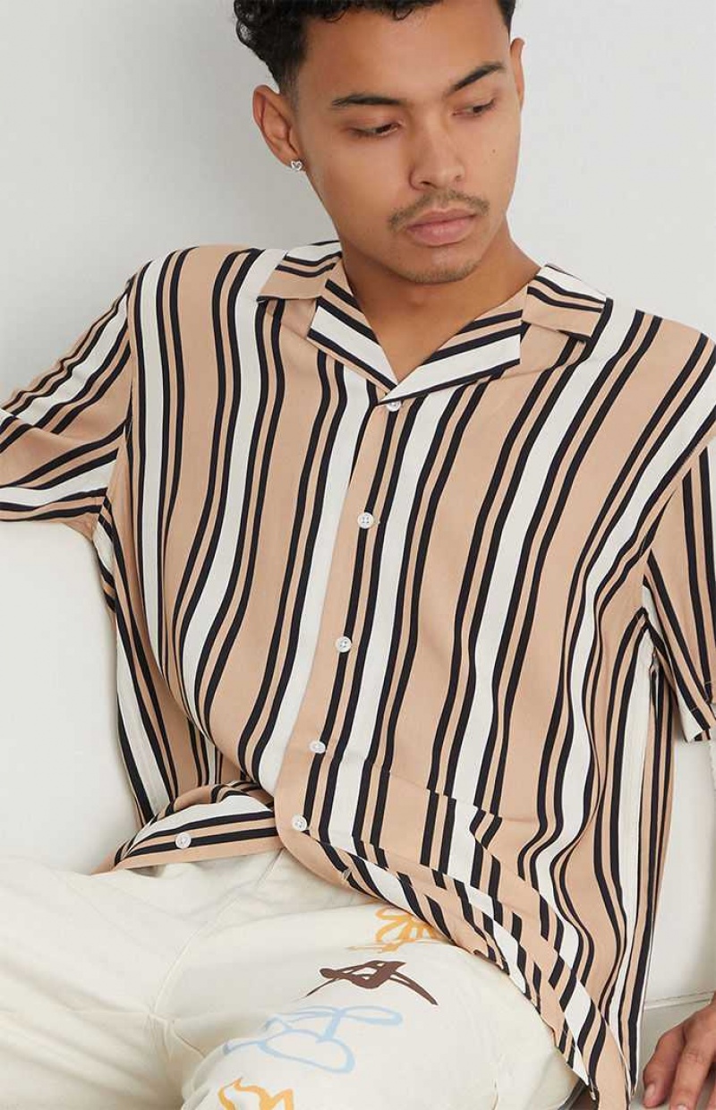 Camisas PacSun Tan Stripe Woven Camp Hombre Marrones | DYSXV5432