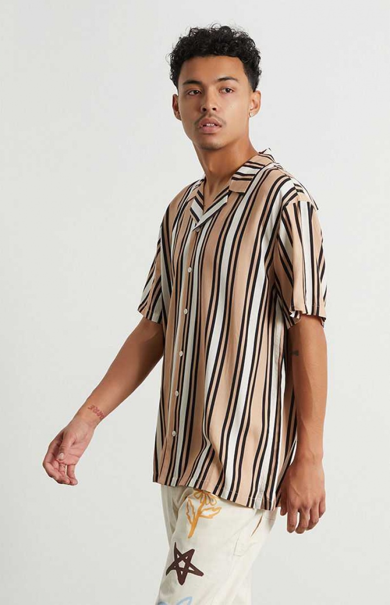 Camisas PacSun Tan Stripe Woven Camp Hombre Marrones | DYSXV5432