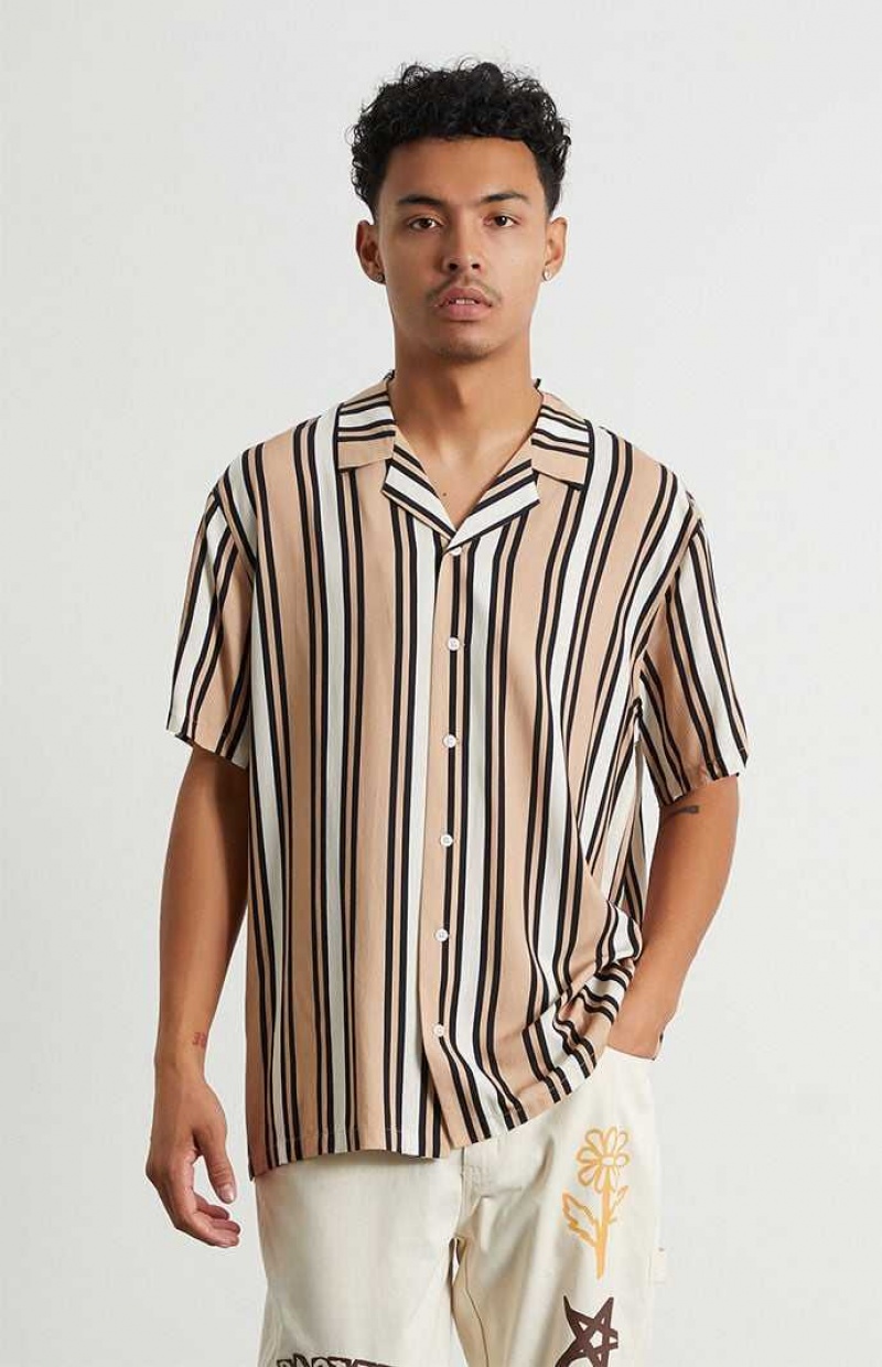 Camisas PacSun Tan Stripe Woven Camp Hombre Marrones | DYSXV5432