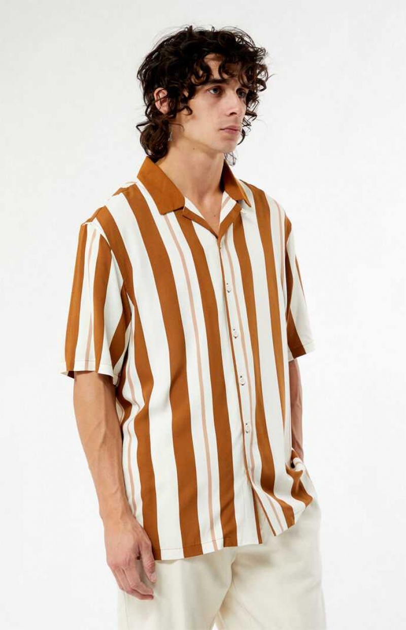 Camisas PacSun Taupe Stripe Camp Hombre Creme Marrones | HEWNI7109