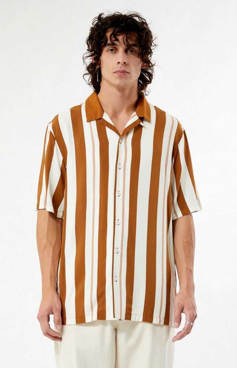 Camisas PacSun Taupe Stripe Camp Hombre Creme Marrones | HEWNI7109