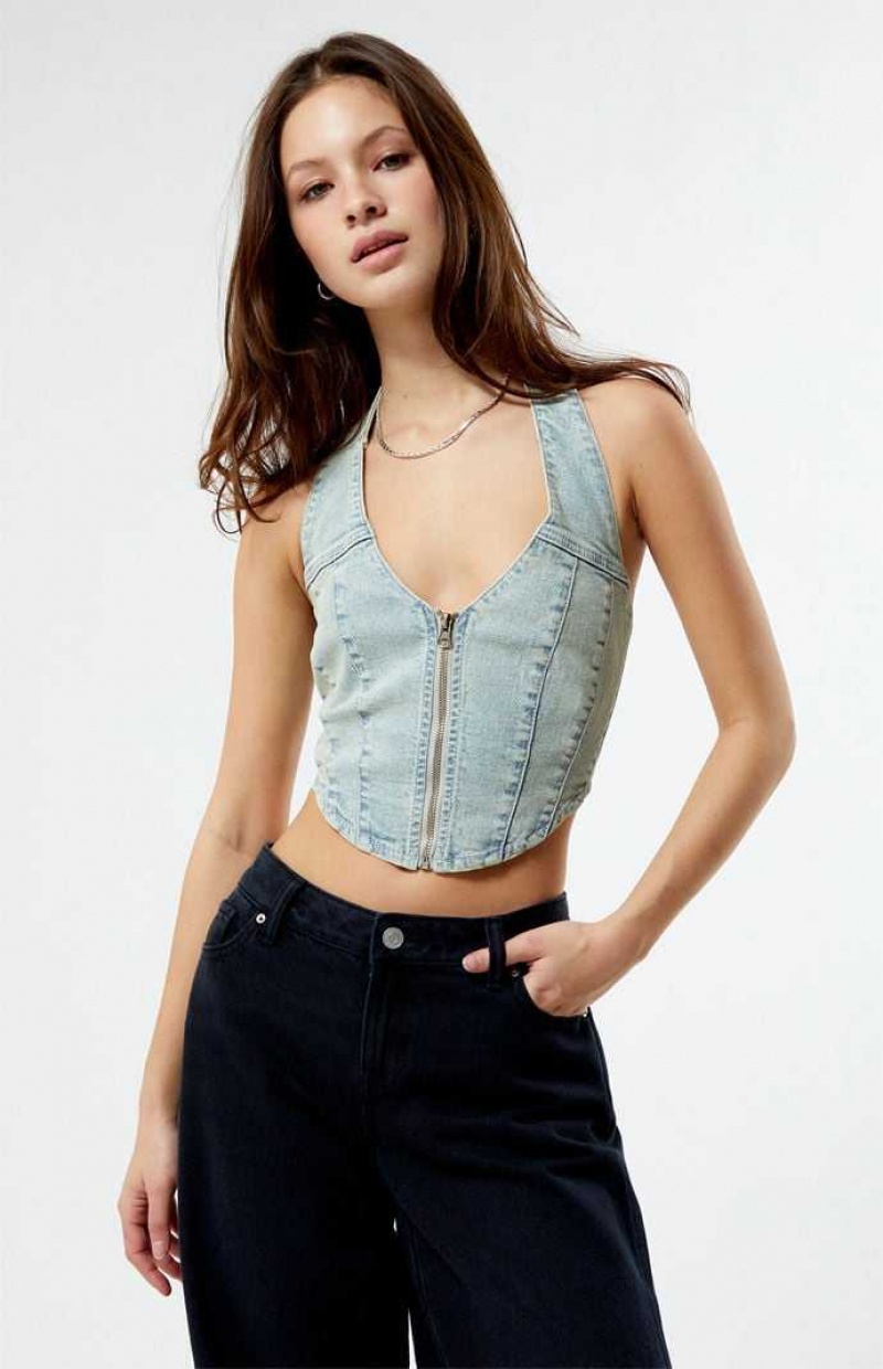 Chaleco PacSun Denim Halter Corset Mujer Indigo | DOZMT1307