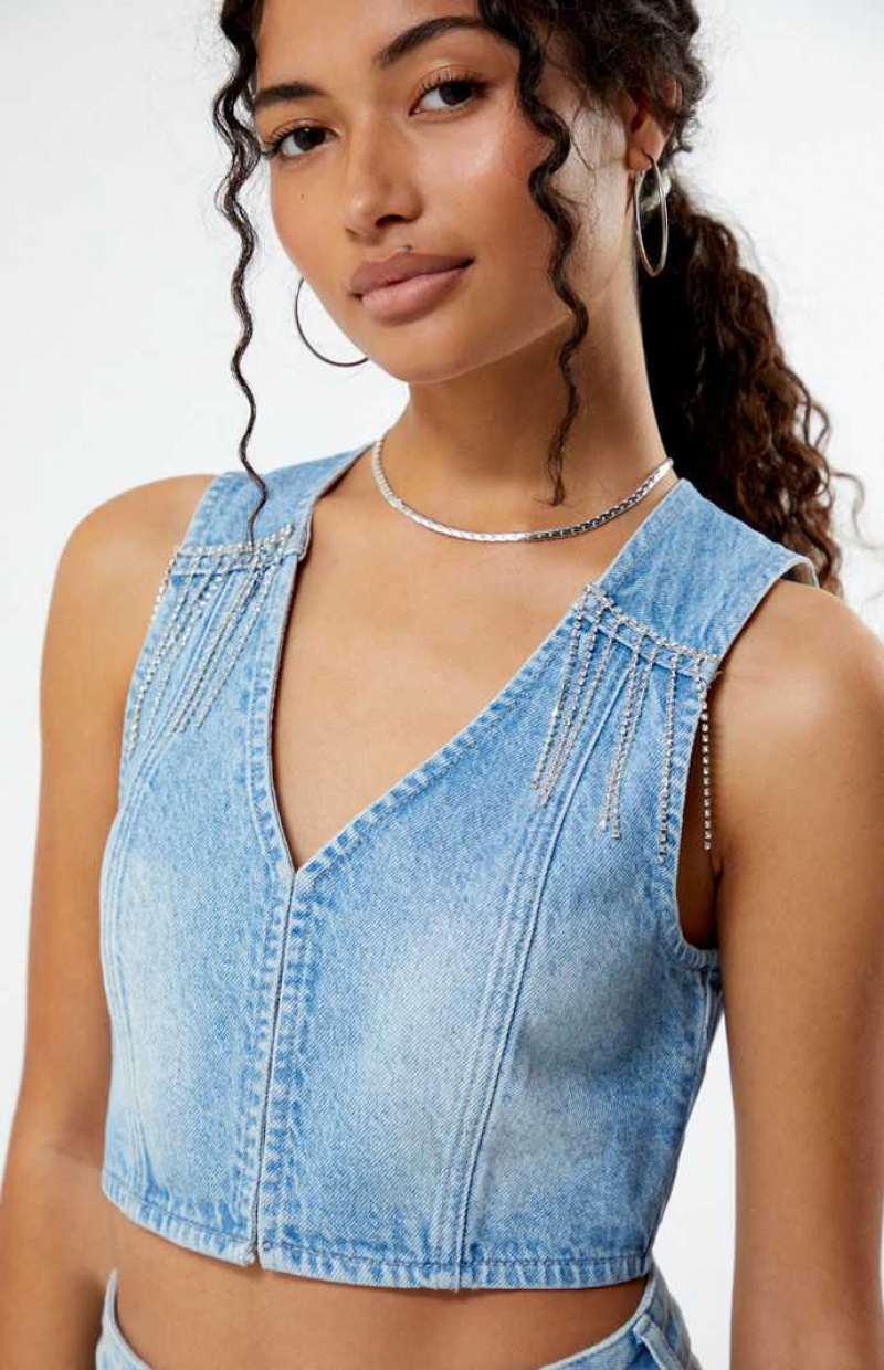 Chaleco PacSun Light Indigo V-Neck Denim Mujer Indigo | LWANY0321