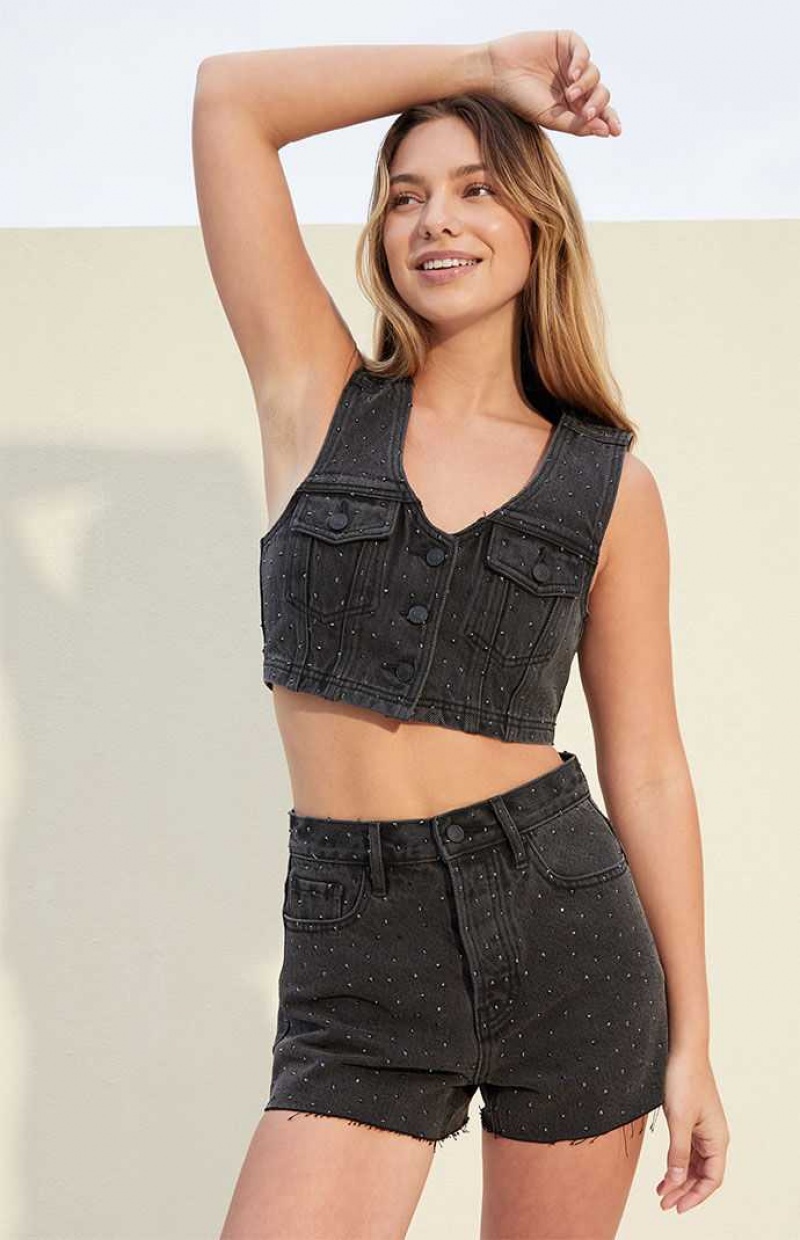 Chaleco PacSun Studded Ultra Cropped Denim Mujer Negras | AIPSO0436