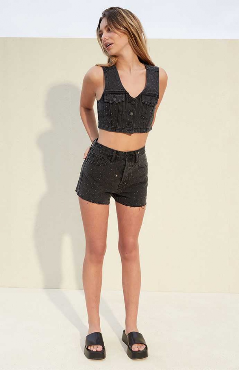 Chaleco PacSun Studded Ultra Cropped Denim Mujer Negras | AIPSO0436