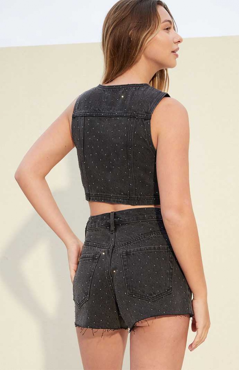 Chaleco PacSun Studded Ultra Cropped Denim Mujer Negras | AIPSO0436