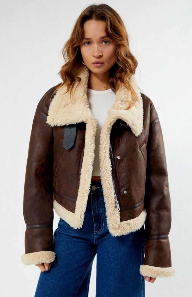 Chaquetas PacSun Faux Cuero Sherpa Moto Mujer Marrones Marrones | NZULK1706