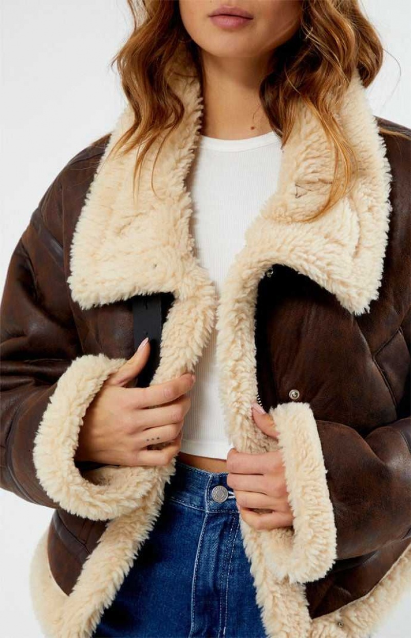 Chaquetas PacSun Faux Cuero Sherpa Moto Mujer Marrones Marrones | NZULK1706