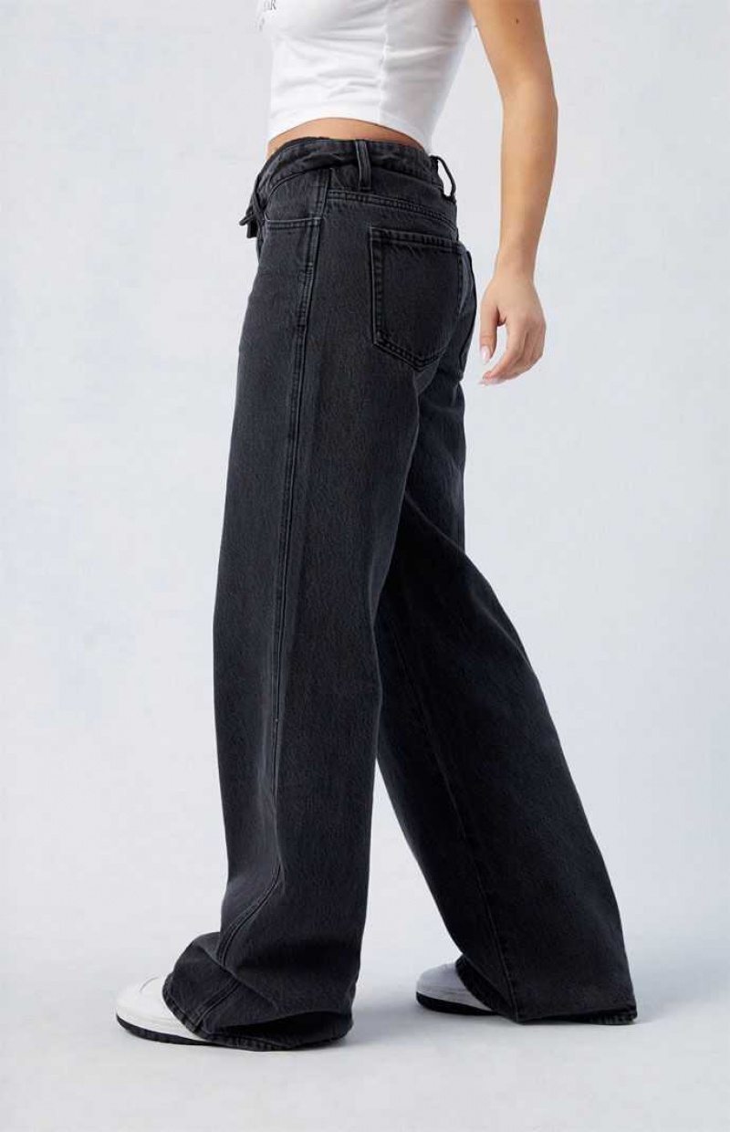 Pantalones PacSun Black Fold-Over Casey Low Rise gy Mujer Indigo | AXMWR4701