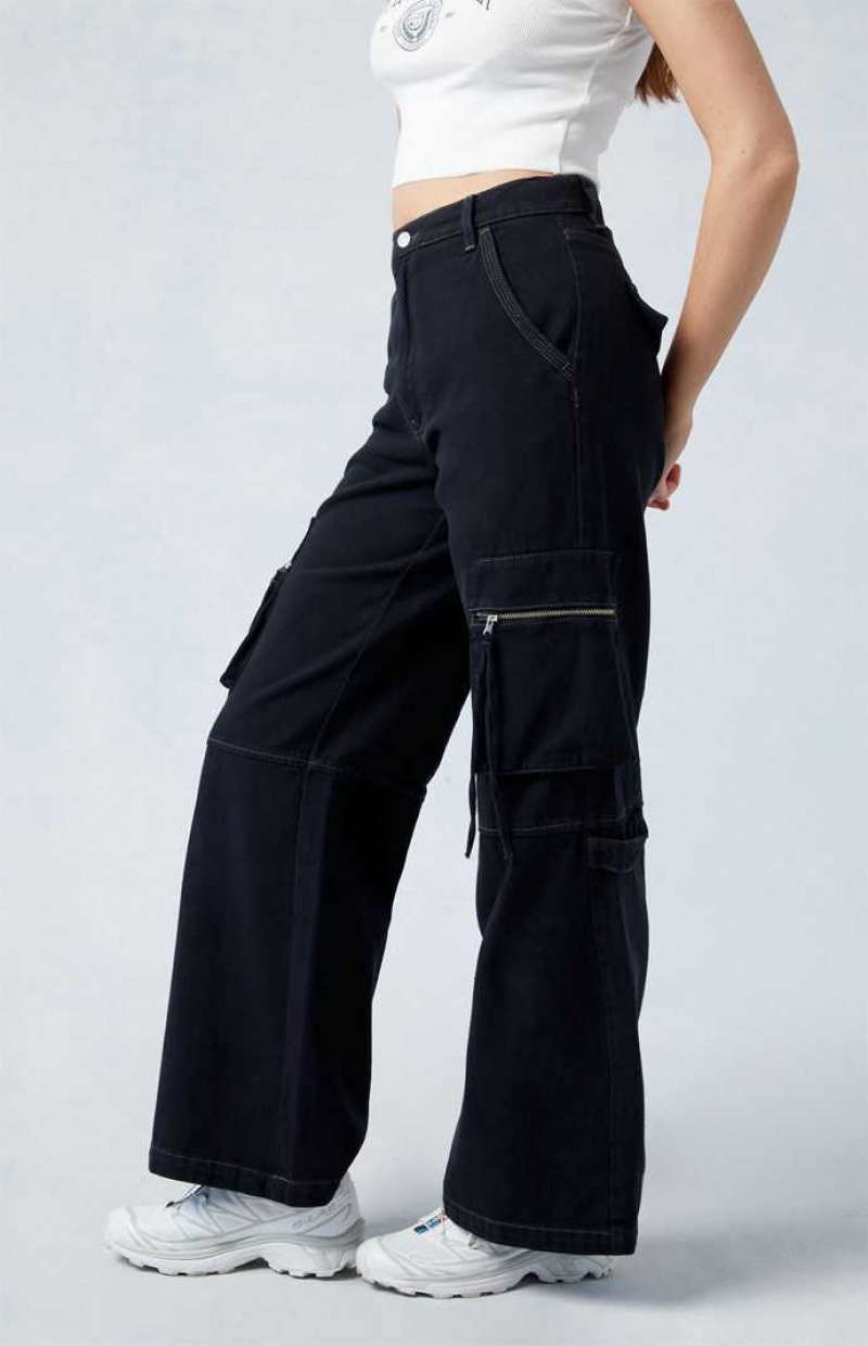 Pantalones PacSun Black High Waisted Anchos Leg Cargo Mujer Negras | JNYHM7948