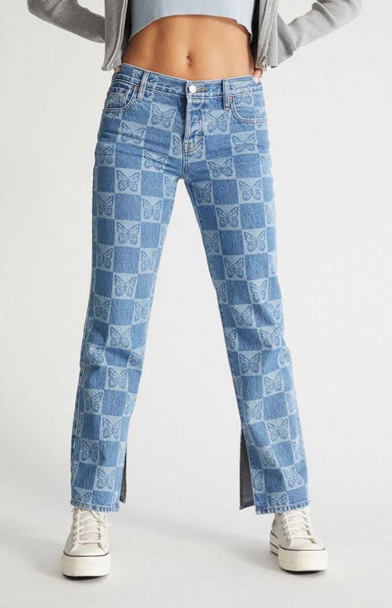 Pantalones PacSun Eco Butterfly Checkerboard Low Rise Directo Leg Mujer Indigo | SZAWV5012