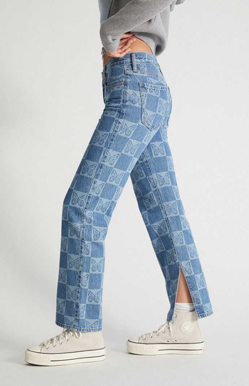 Pantalones PacSun Eco Butterfly Checkerboard Low Rise Directo Leg Mujer Indigo | SZAWV5012